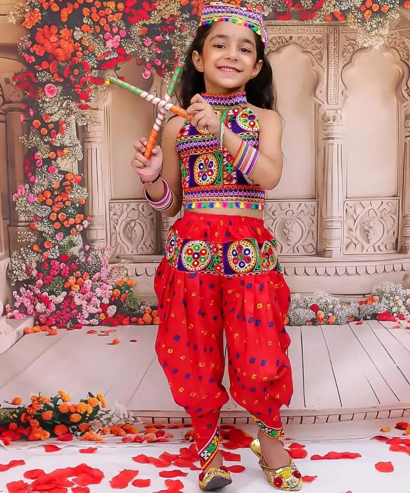 Red embroidered cotton top & dhoti with cap set for girls