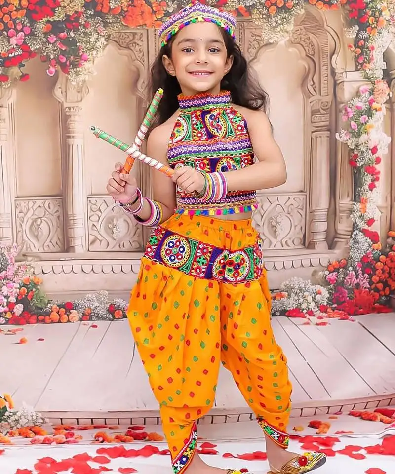 Yellow embroidered cotton top & dhoti with cap set for girls