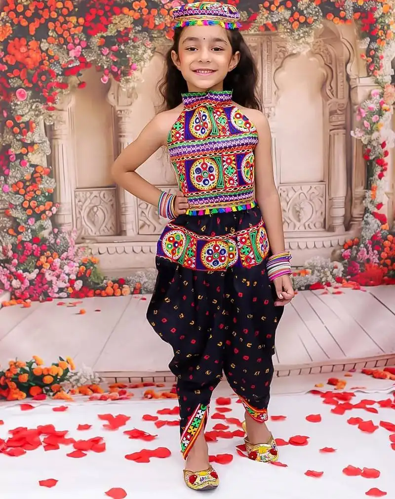 Black embroidered cotton top & dhoti with cap set for girls