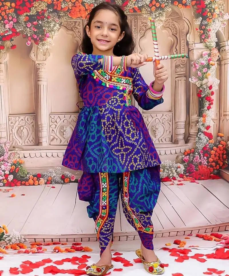 Blue printed cotton kurti with dhoti set for girls