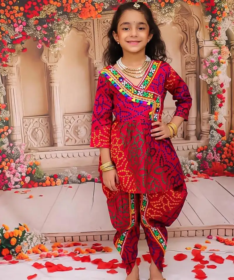 Pink printed cotton kurti with dhoti set for girls