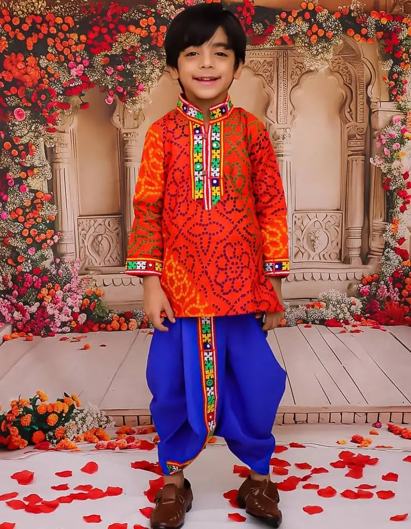 Orange printed cotton kurta with dhoti set for boys