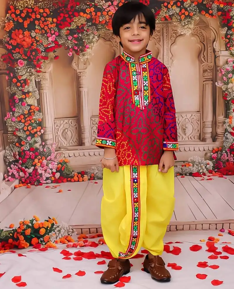 Multicolour printed cotton kurta with dhoti set for boys