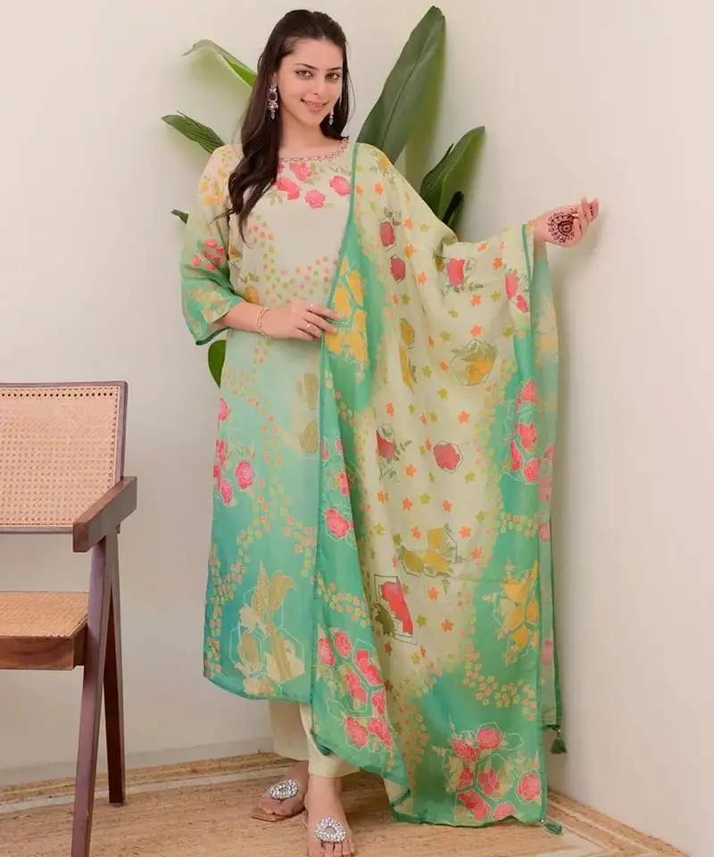 Green colored party wear embroidered stitched aasam silk pant style kurti suit with duppatta