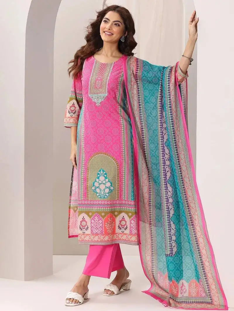 Pink colored party wear embroidered stitched crepe pant style kurti suit with duppatta