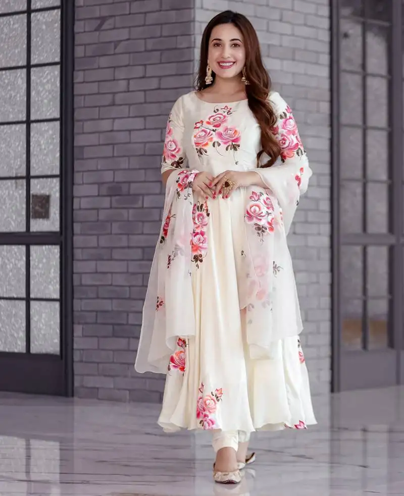 White colored party wear embroidered stitched georgette pant style kurti suit with duppatta