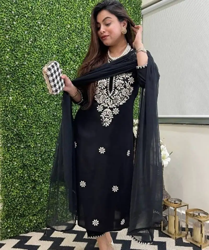 black colored party wear embroidered stitched chanderi pant style kurti suit with duppatta