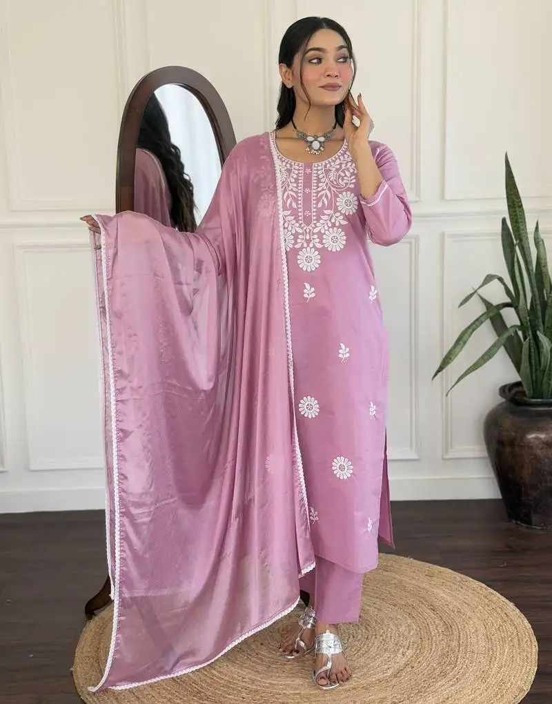 pink colored party wear embroidered stitched viscose pant style kurti suit with duppatta