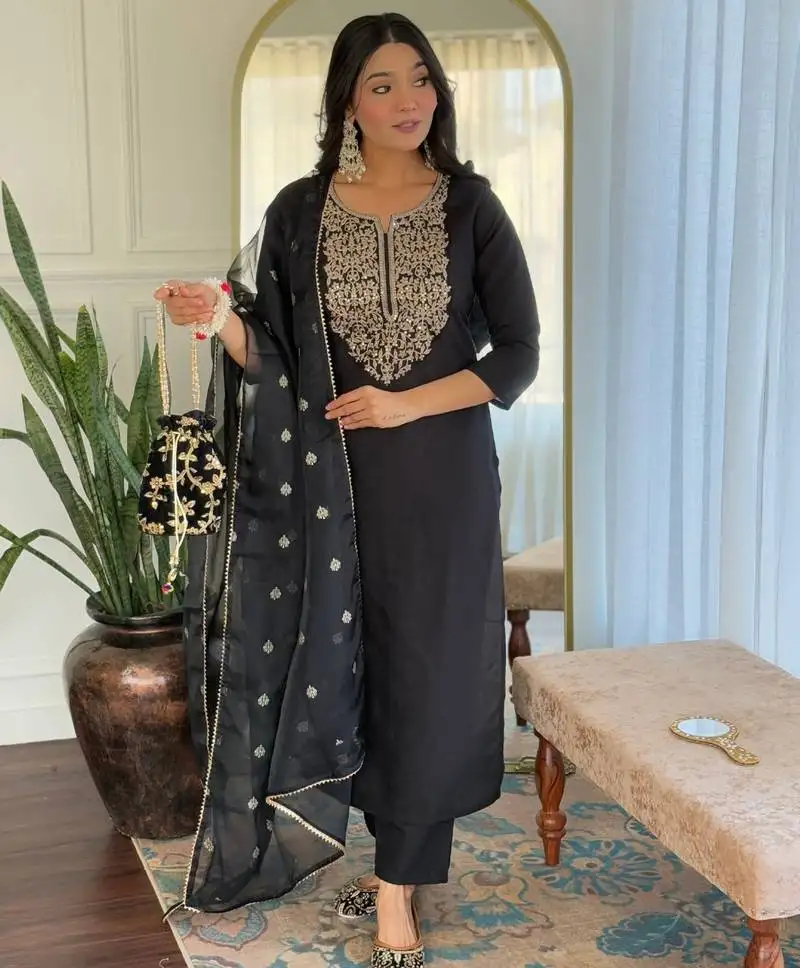 Black colored party wear embroidered stitched viscose pant style kurti suit with duppatta