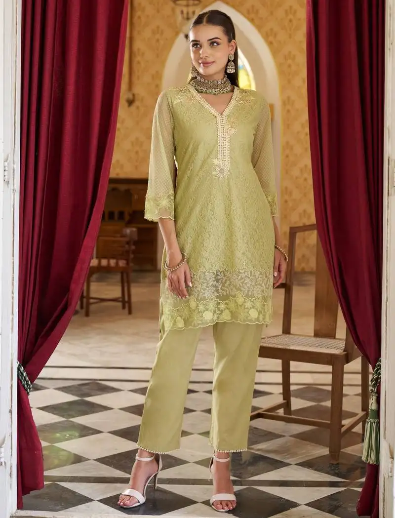 Anumeha sage embroidery kurta pant set