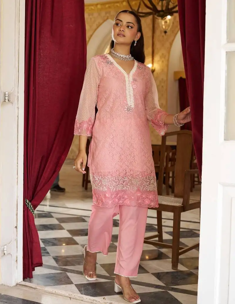 Anumeha salmon embroidery kurta pant set