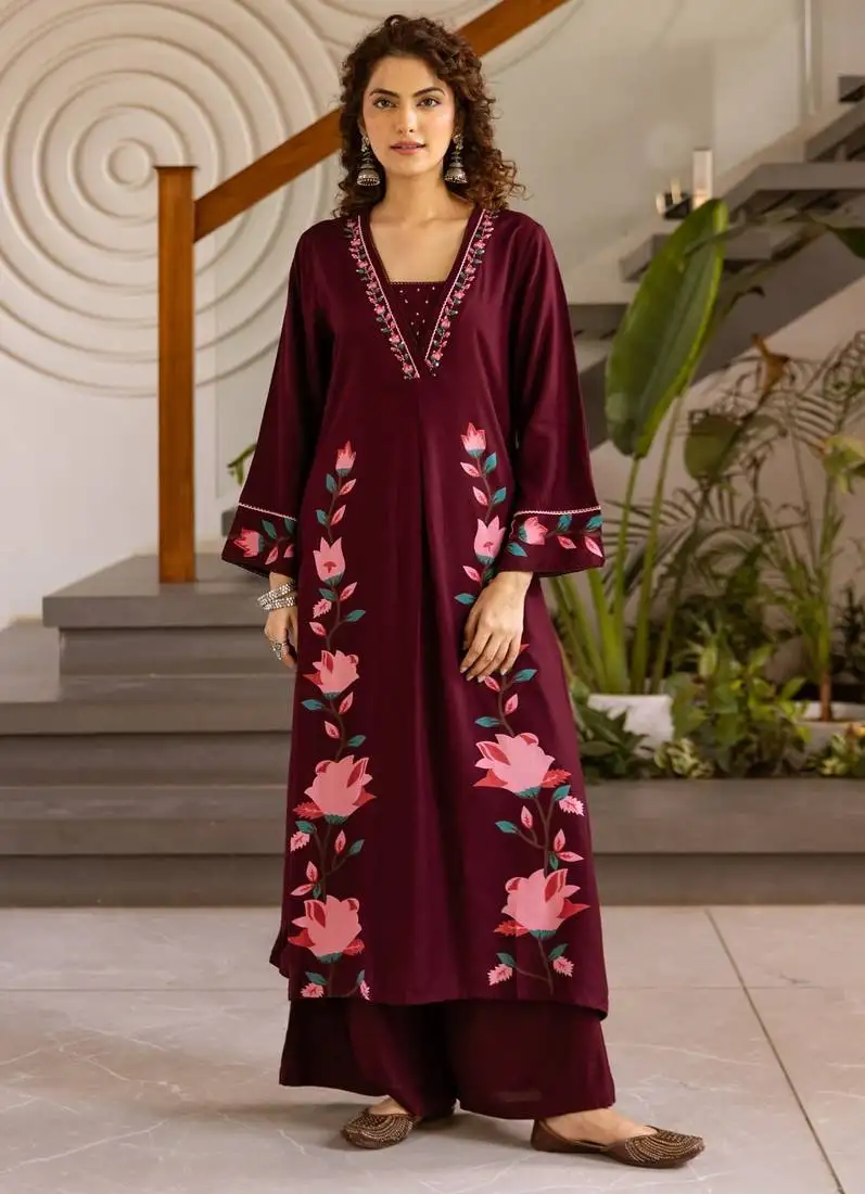 Kabool merlot embroidery kurta pant set