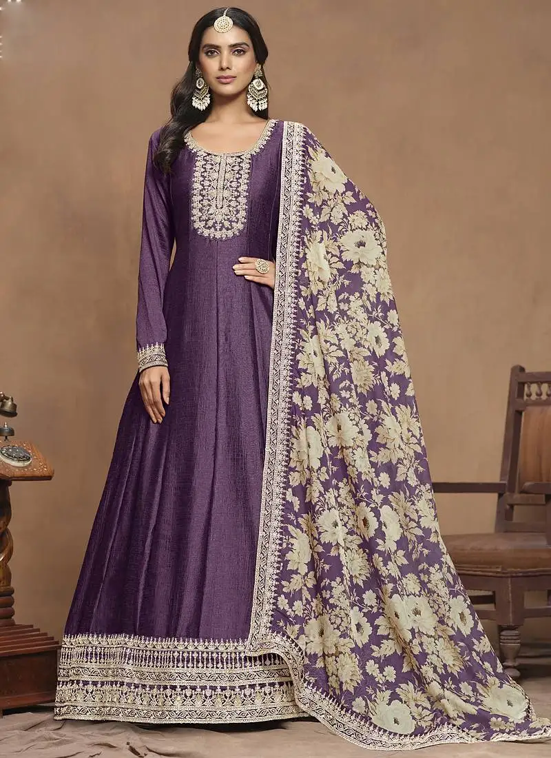 Purple art silk embroidered anarkali suit semi stitched