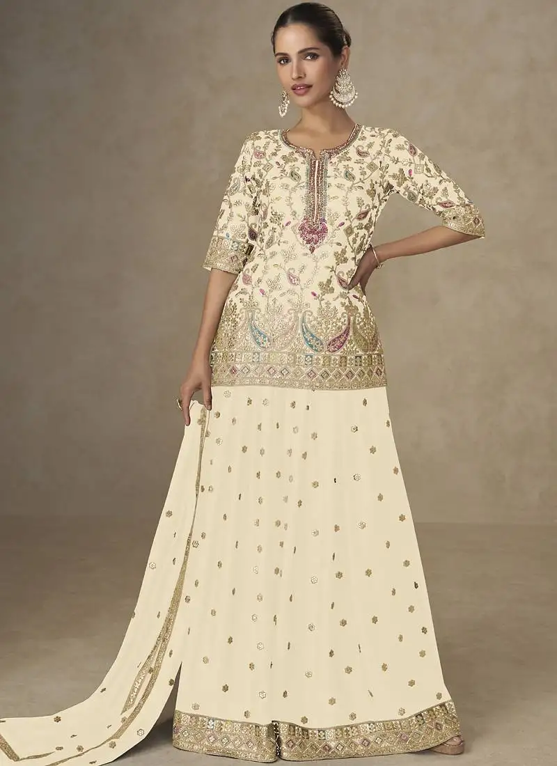 Off white chinon embroidered designer palazzo suit stitched