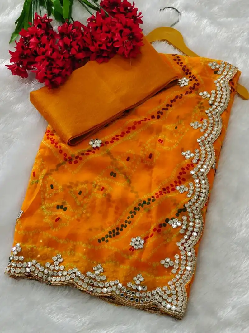 Yellow zari and cut work georgette bandhani saree