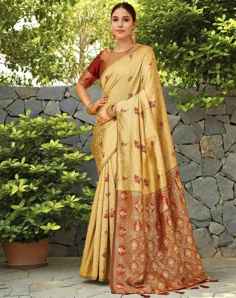 Beige woven paithani silk blend saree with unstitched blouse