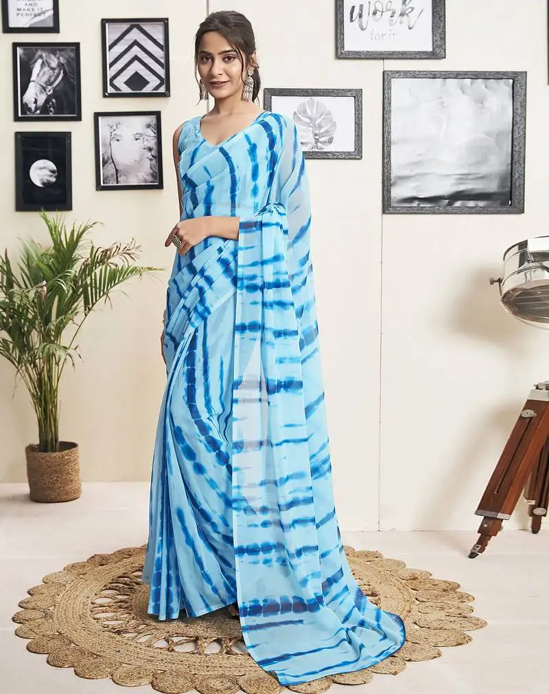 Blue georgette screen printed casual ready to wear saree with blouse