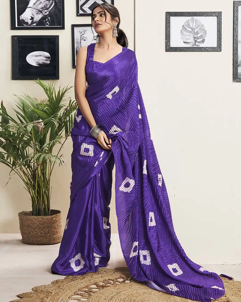 Purple art silk screen printed bandhani ceremony and party ready to wear saree with blouse