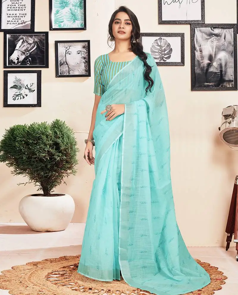 Blue cotton zari screen printed casual, work and ceremony ready to wear saree with blouse