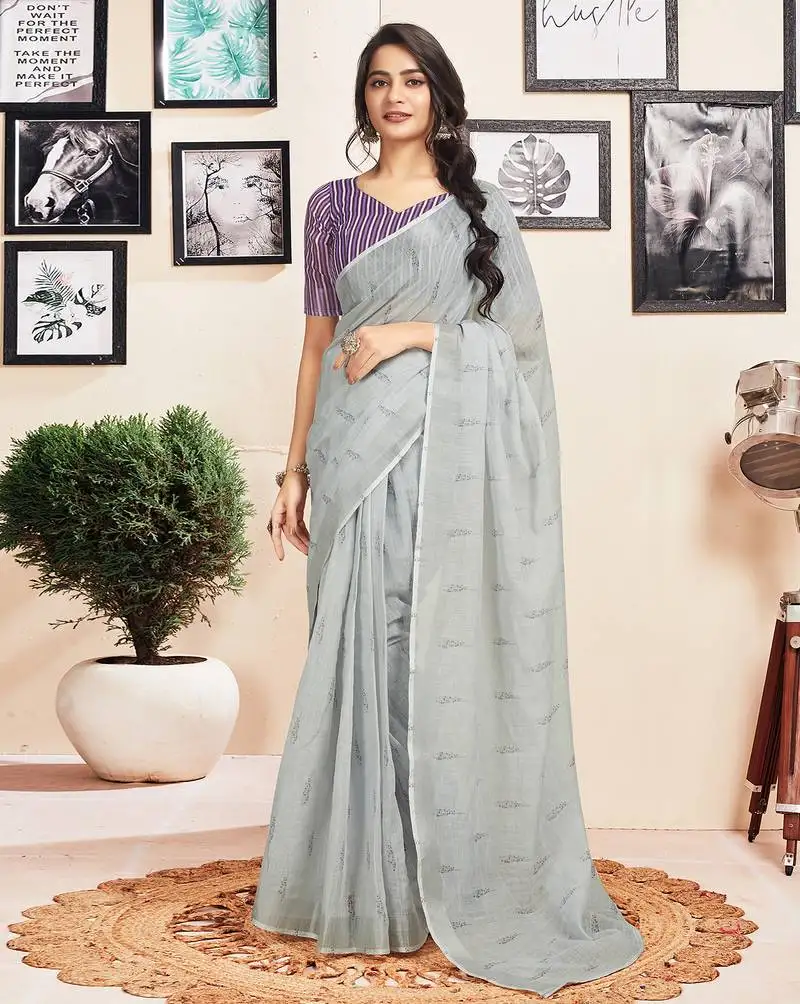 Grey cotton zari screen printed casual, work and ceremony ready to wear saree with blouse