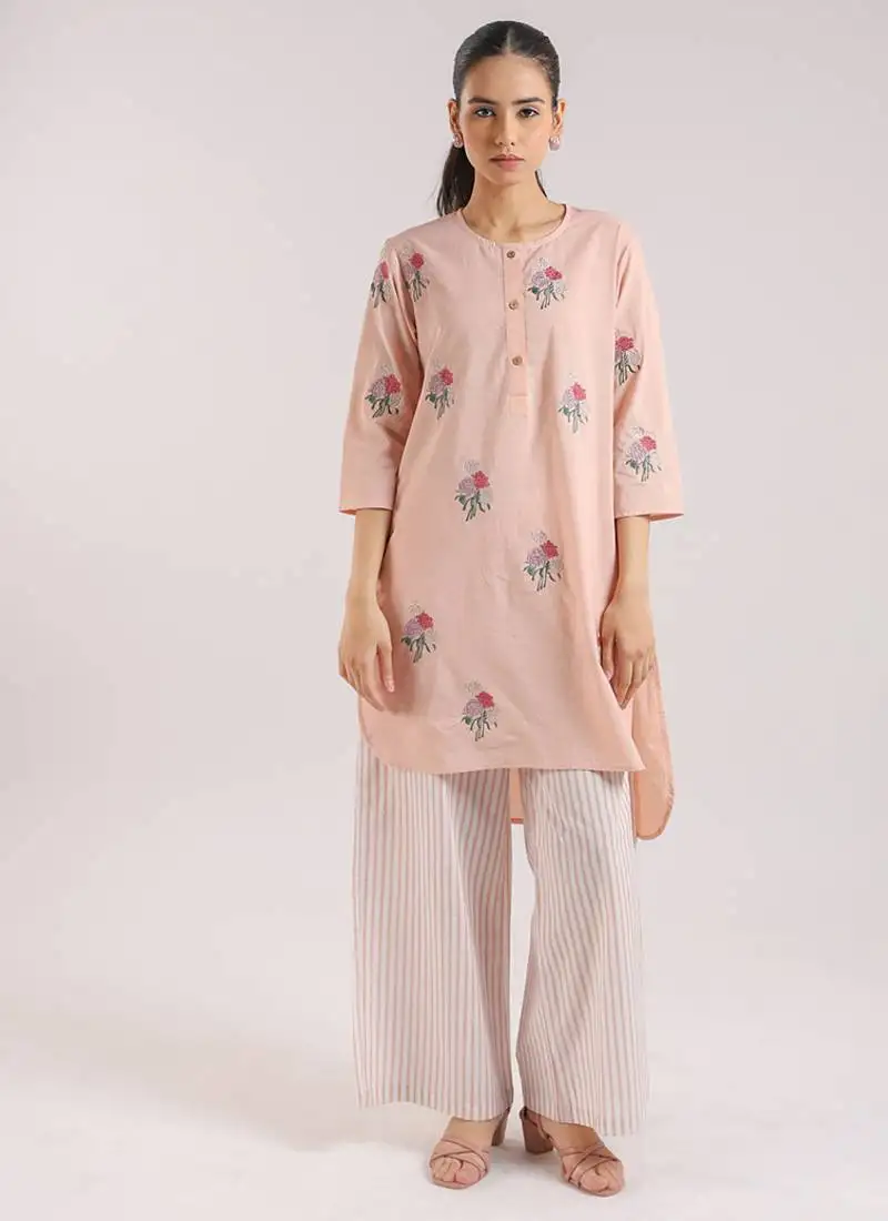 Nude pink cotton floral embroidered kurta set
