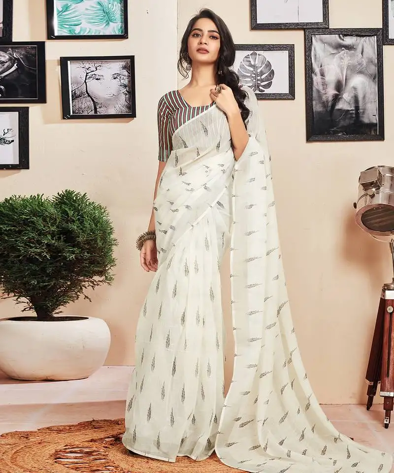 White cotton zari screen printed casual, work and ceremony ready to wear saree with blouse