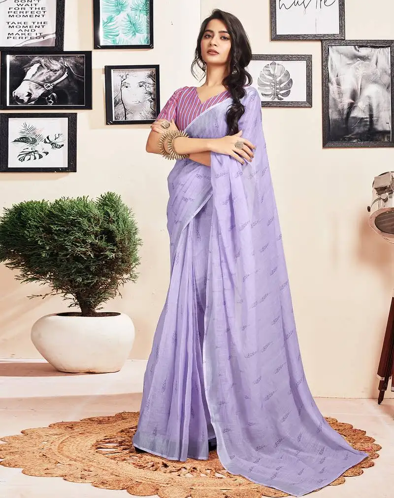 Purple cotton zari screen printed casual, work and ceremony ready to wear saree with blouse