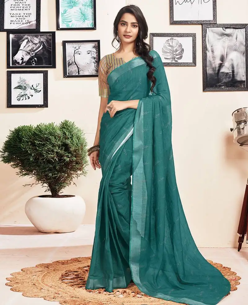 Green cotton zari screen printed casual, work and ceremony ready to wear saree with blouse
