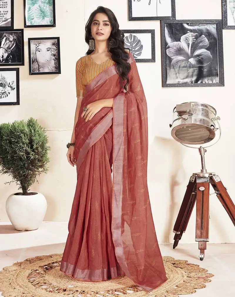 Red cotton zari screen printed casual, work and ceremony ready to wear saree with blouse
