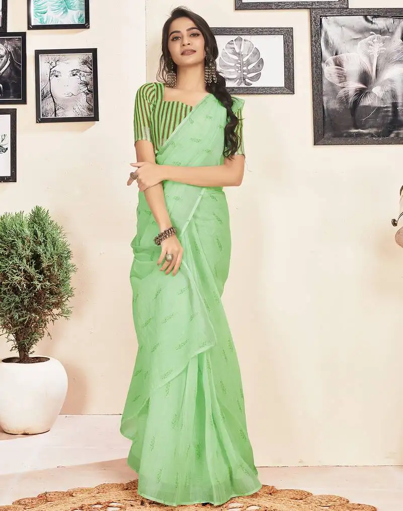 Green cotton zari screen printed striped casual, work and ceremony ready to wear saree with blouse