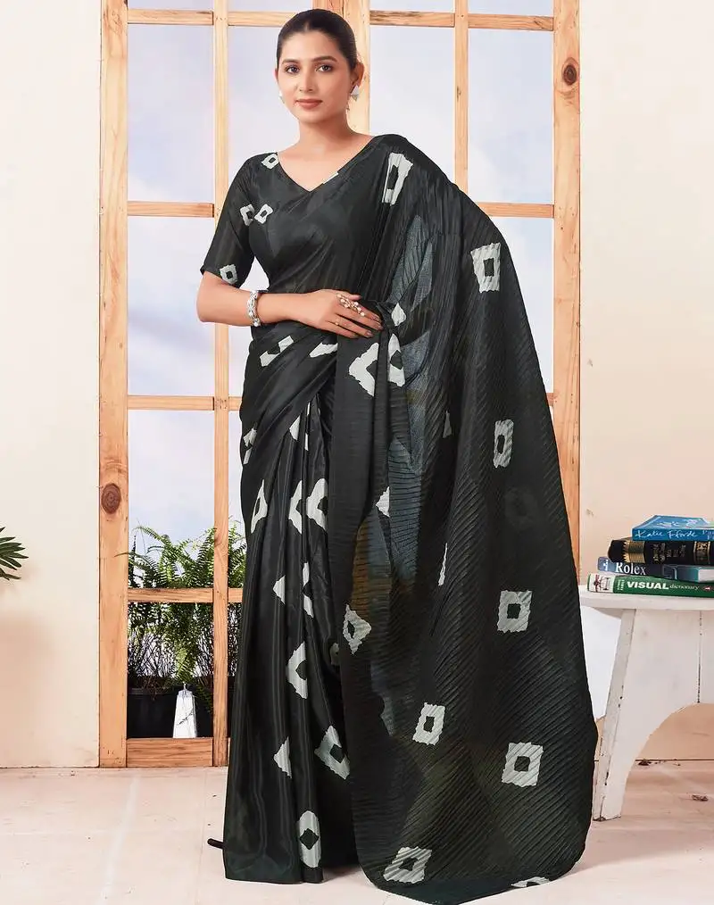 Black art silk screen printed bandhani ceremony and party ready to wear saree with blouse
