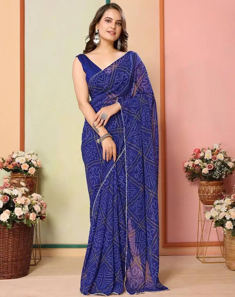 Blue georgette lace screen printed bandhani casual, work and ceremony ready to wear saree with blouse