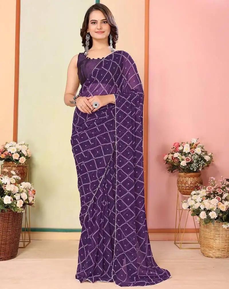 Purple georgette lace screen printed bandhani casual, work and ceremony ready to wear saree with blouse