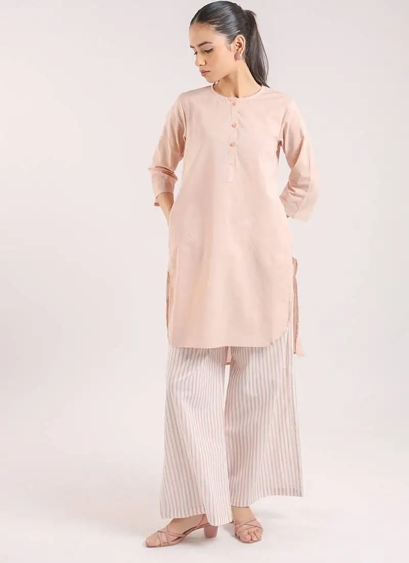 Nude pink cotton plain kurta with striped pant