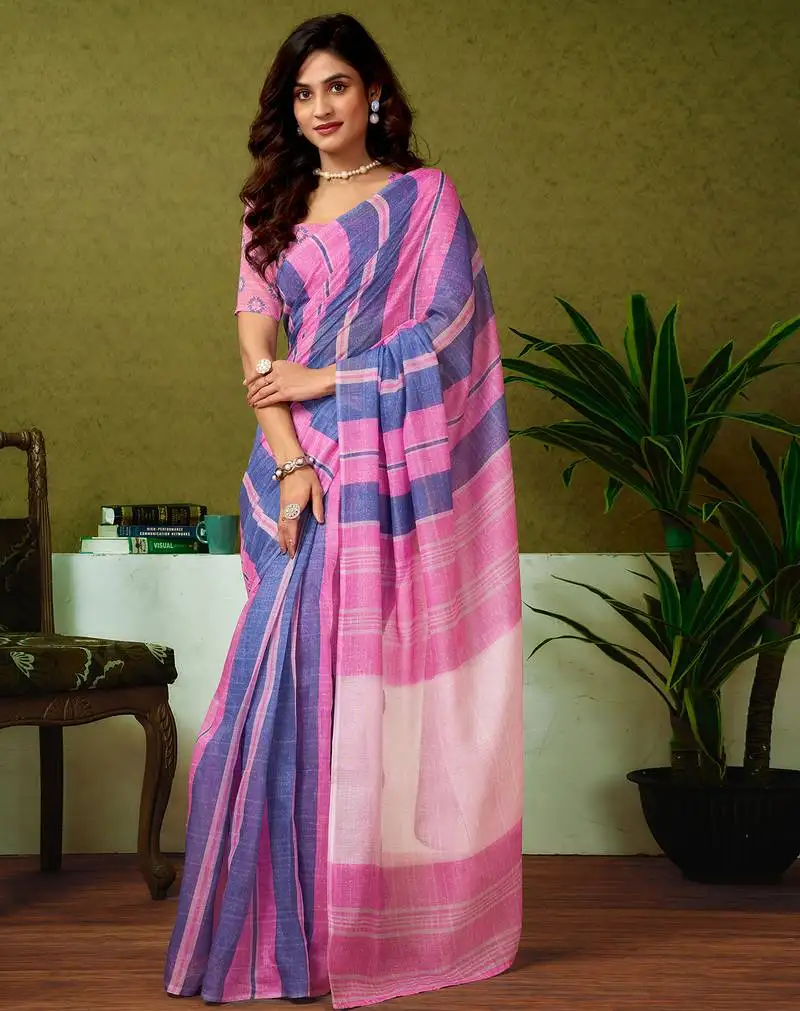 Blue and pink chanderi cotton screen printed casual and work ready to wear saree with blouse
