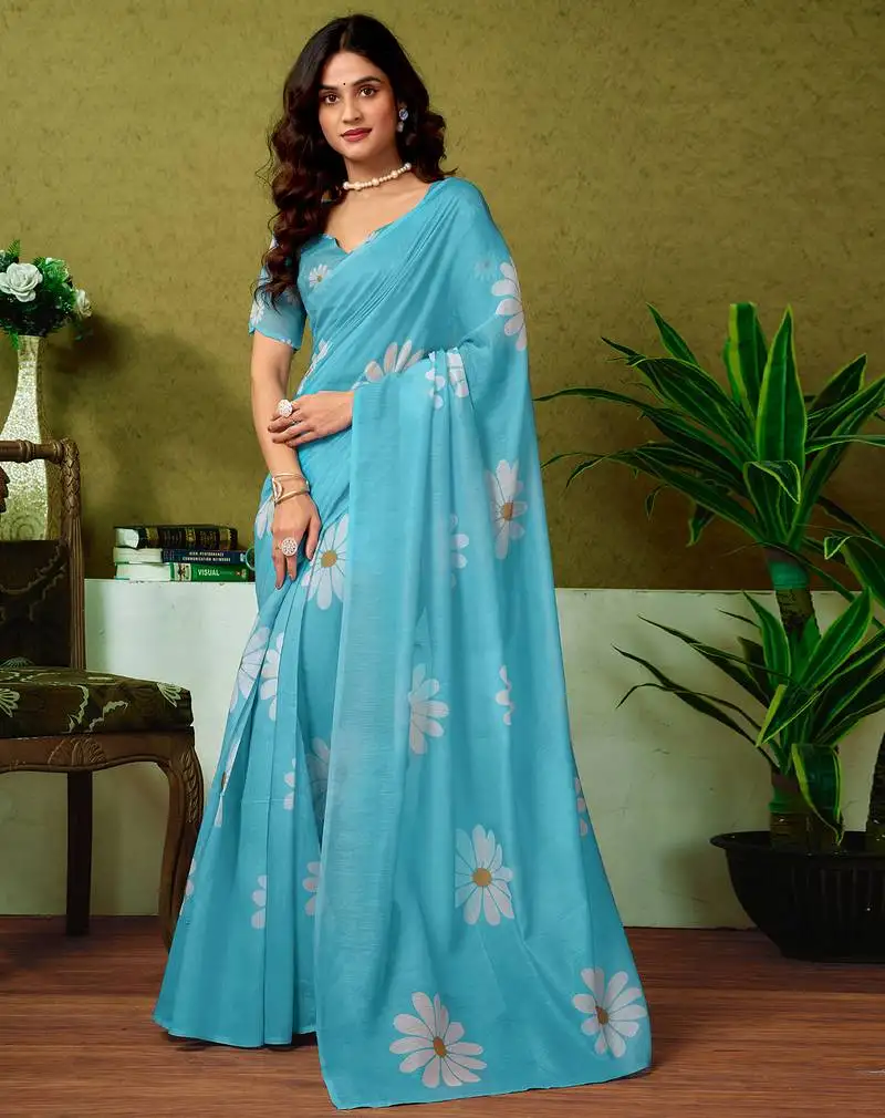 Blue chanderi cotton screen printed casual and work ready to wear saree with blouse