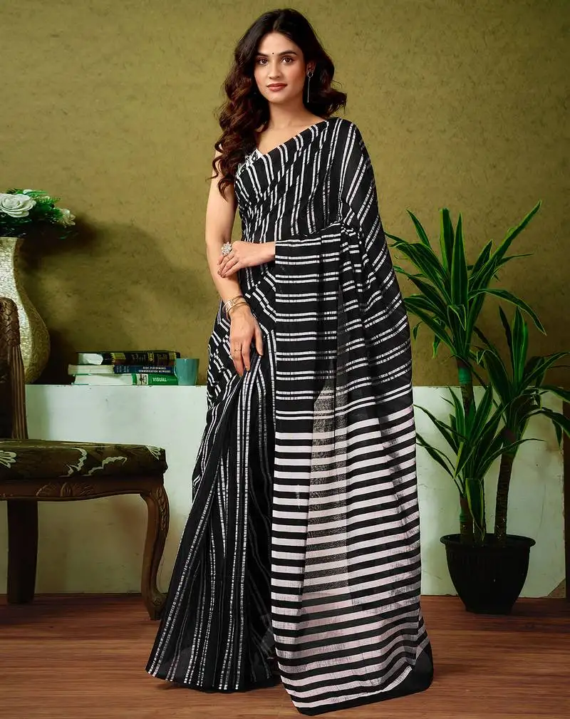Black chanderi cotton screen printed casual and work ready to wear saree with blouse