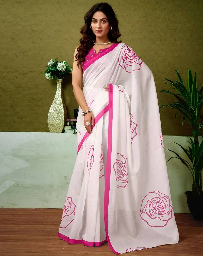 Off-white chanderi cotton screen printed casual and work ready to wear saree with blouse