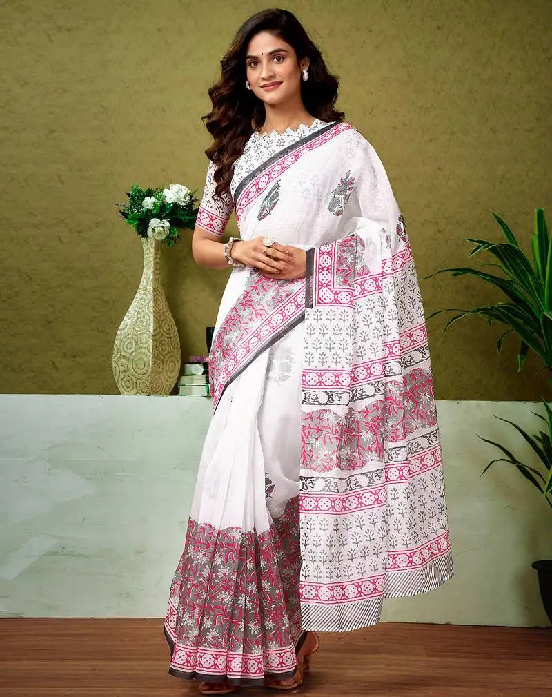 White chanderi cotton screen printed casual and work ready to wear saree with blouse
