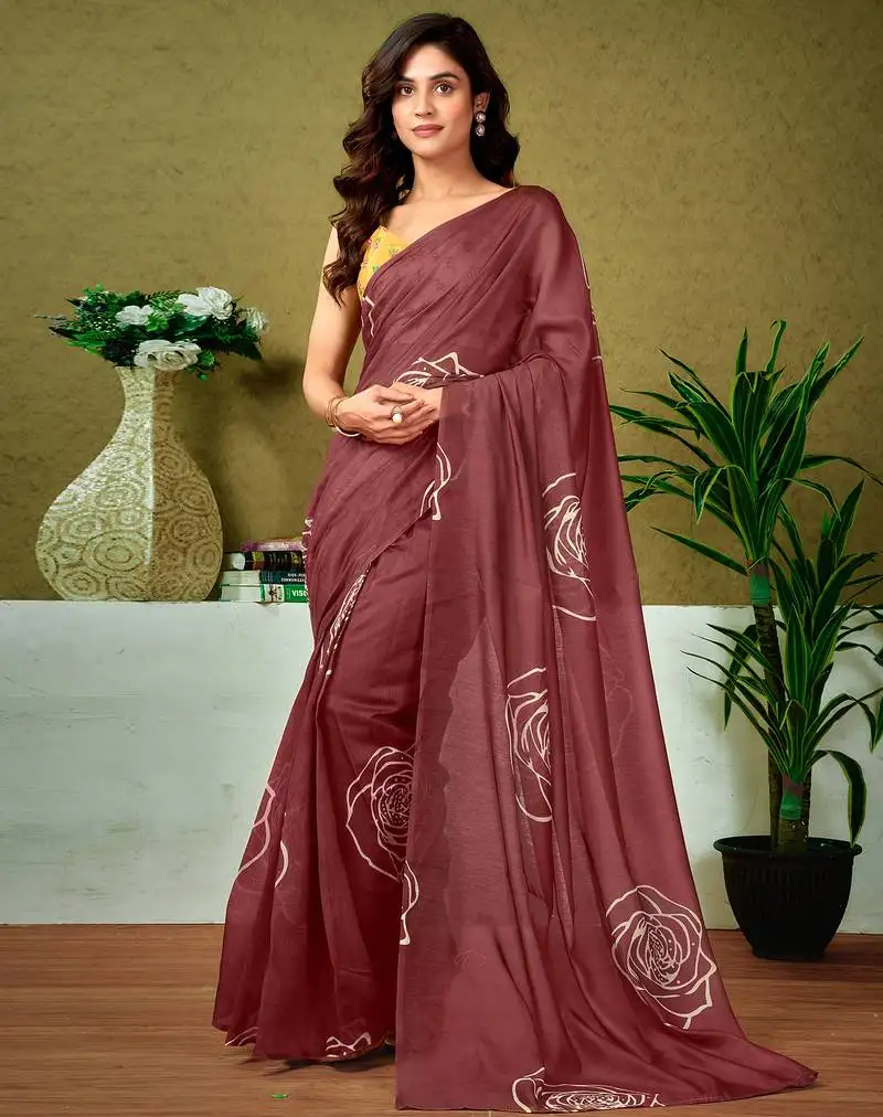 Brown chanderi cotton screen printed casual and work ready to wear saree with blouse