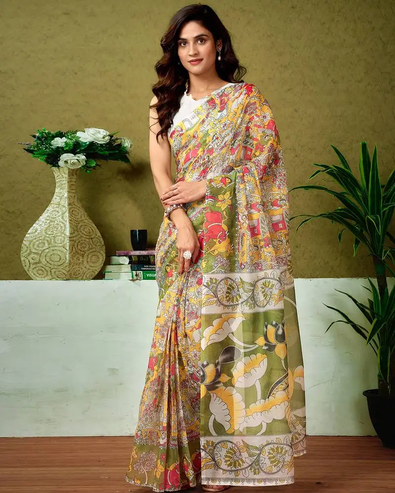 Yellow and green chanderi cotton screen printed madhubani casual and work ready to wear saree with blouse