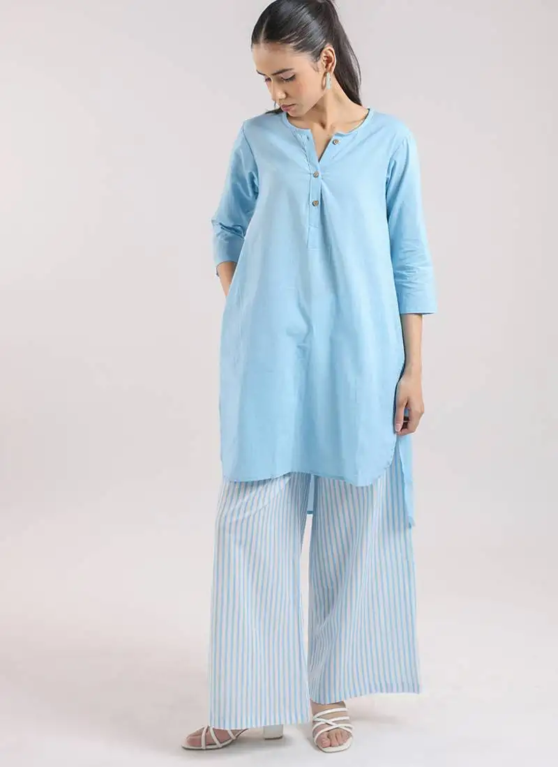 Ice blue cotton plain kurta set with striped pant