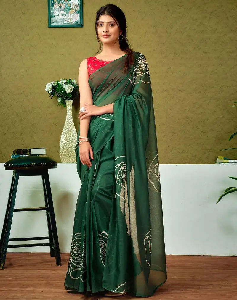 Green chanderi cotton screen printed casual and work ready to wear saree with blouse