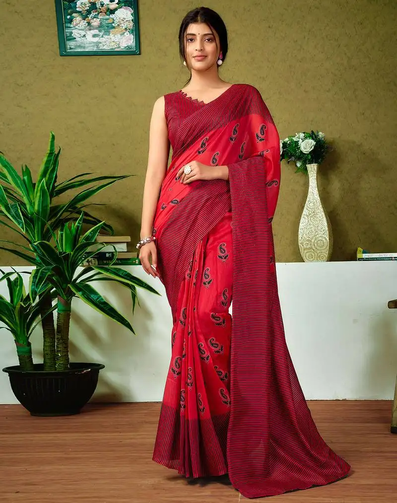 Red chanderi cotton screen printed casual and work ready to wear saree with blouse