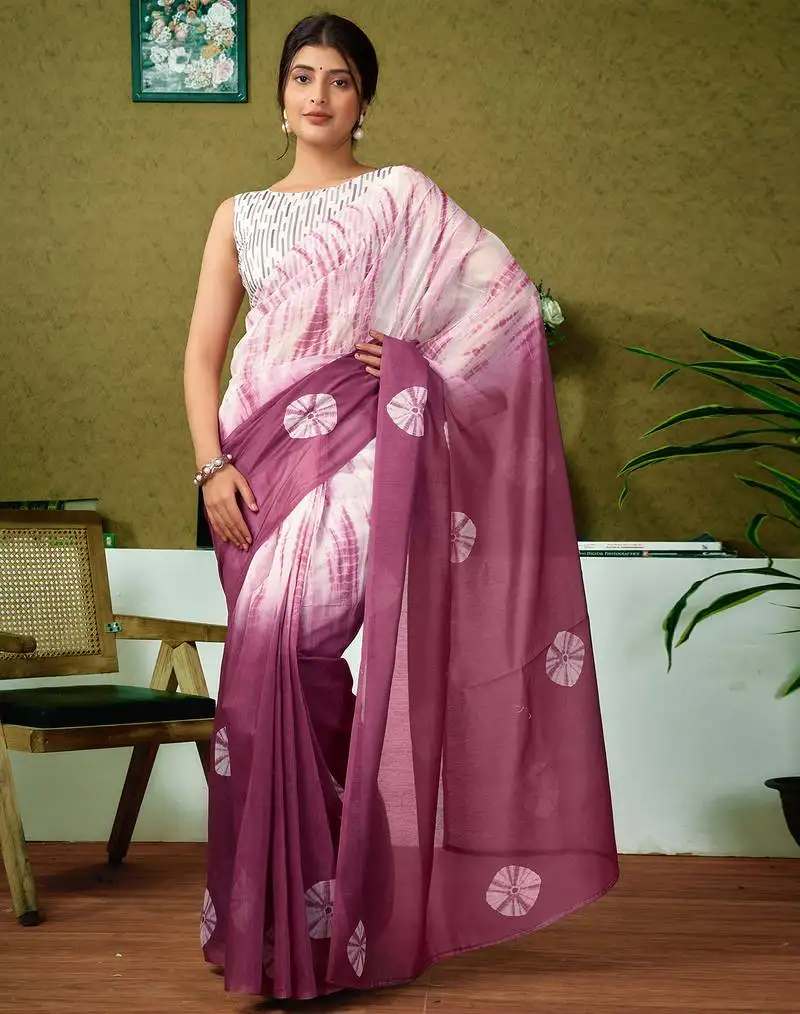White and mauve chanderi cotton screen printed casual and work ready to wear saree with blouse