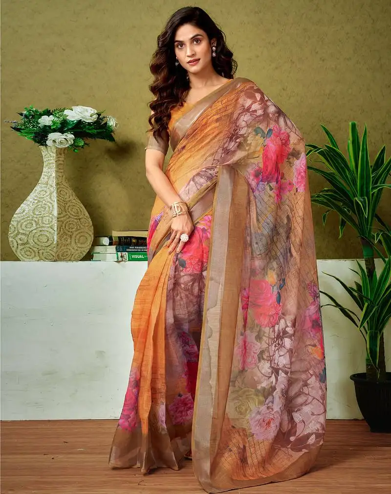 Orange linen zari screen printed casual and work ready to wear saree with blouse