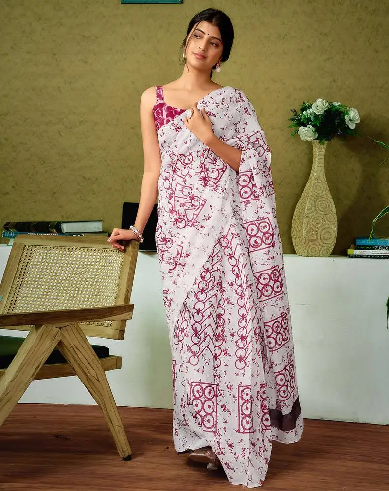 White and pink chanderi cotton screen printed casual and work ready to wear saree with blouse