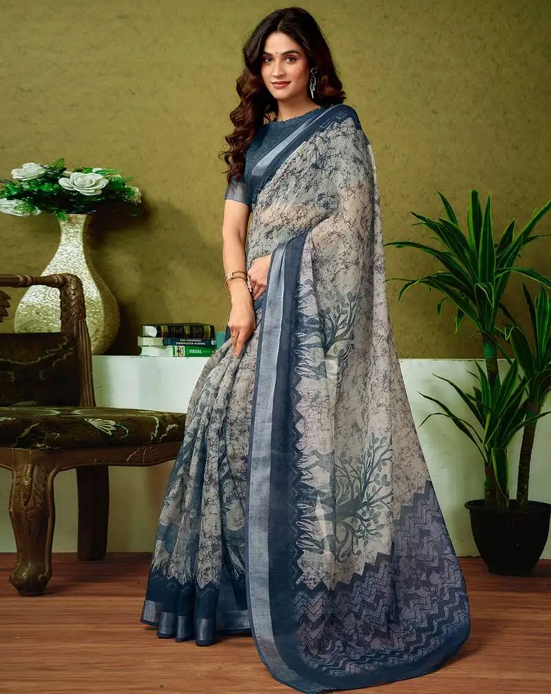 Grey and black linen zari screen printed casual and work ready to wear saree with blouse
