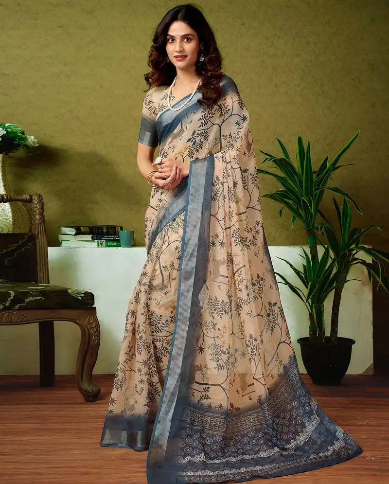 Green and cream linen zari screen printed casual and work ready to wear saree with blouse