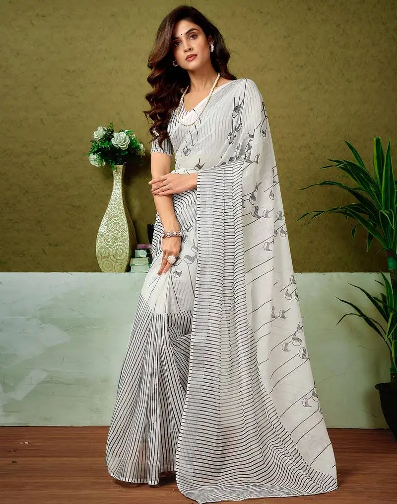 Black and off-white linen zari screen printed casual and work ready to wear saree with blouse